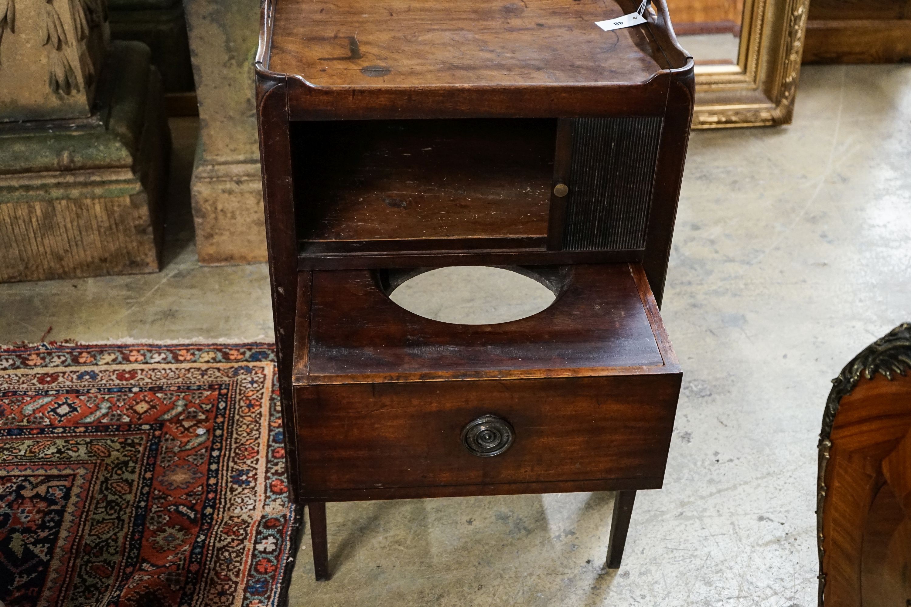 A George III mahogany tray top commode, with tambour compartment, width 56cm, depth 46cm, height 72cm